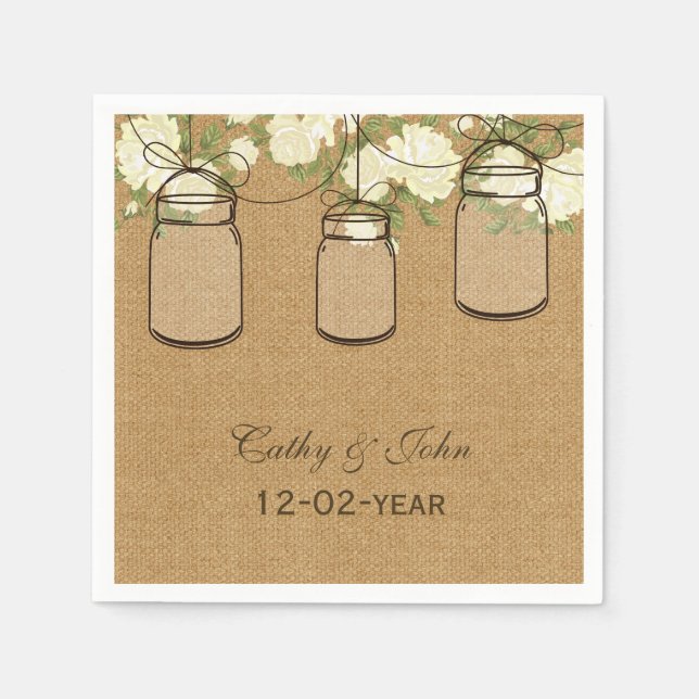 En Papier burlap ivoire roses mariage personnalisé serviette (Devant)