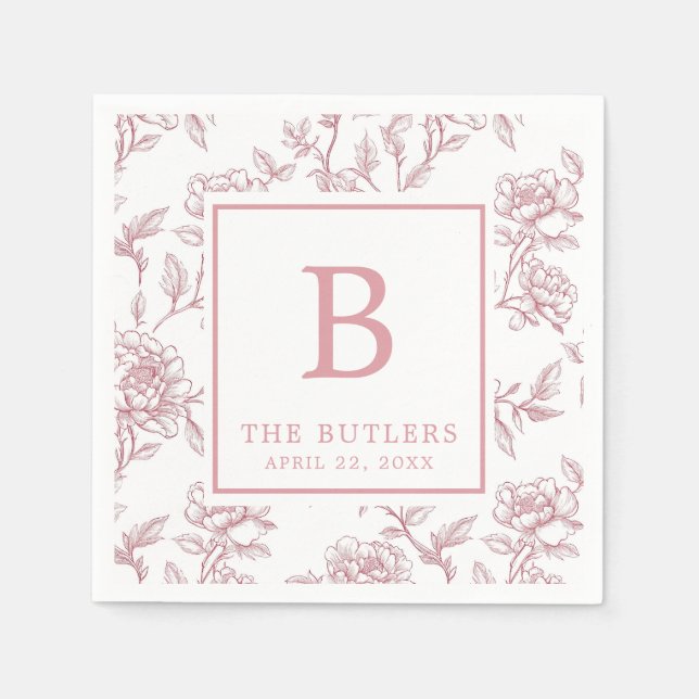 En Papier Chinoiserie Florale rose Mariage initial serviette (Devant)