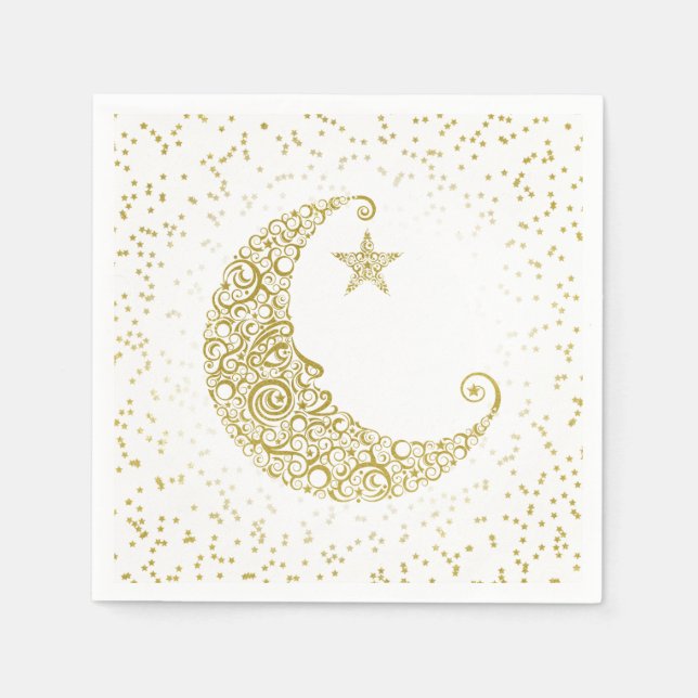 En Papier Clignote Petite Étoile Lune Dorée Serviette Blanch (Devant)