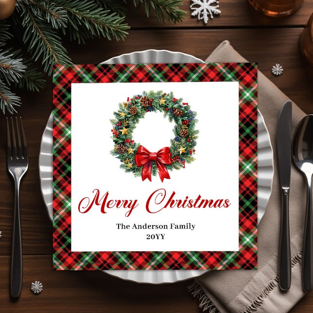 En Papier Couronne de Noël Classique Serviette avec Nom Pers (Classic Christmas Wreath Napkin with Custom Name)