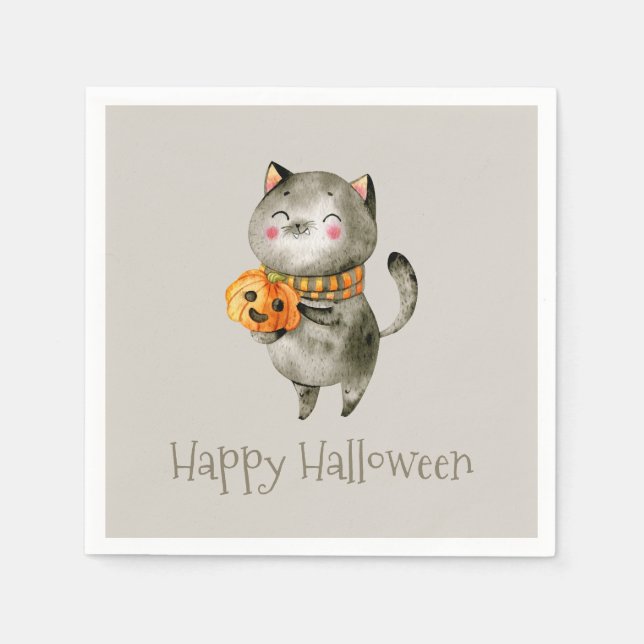 En Papier Cute Halloween Chat avec Citrouille | Serviette de (Devant)