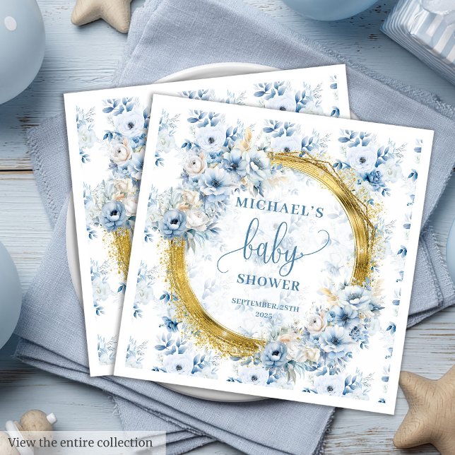 En Papier Dainty pastel bleu fleurs or baby shower serviette (Dainty pastel blue flowers gold baby shower napkins)