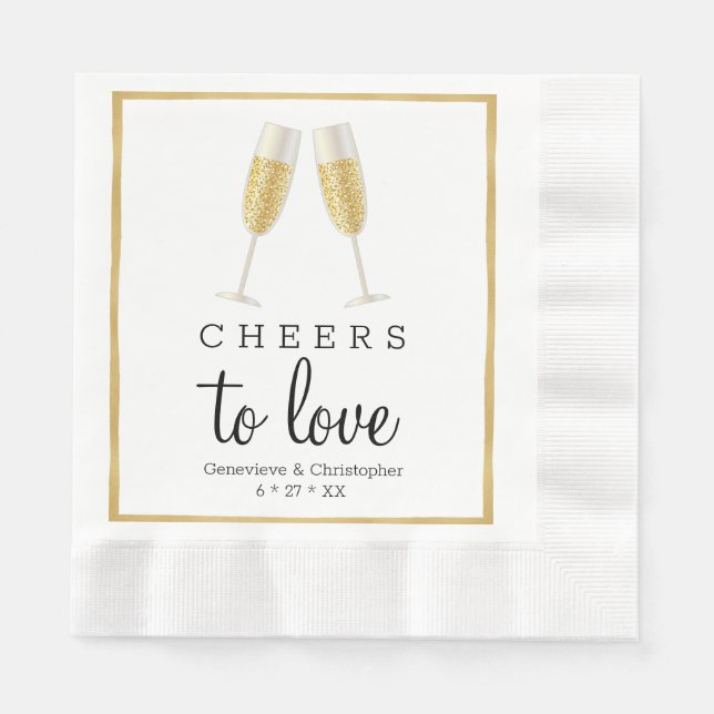 En Papier Élégante serviette de mariage | Gold Cheers to Lov (Devant)
