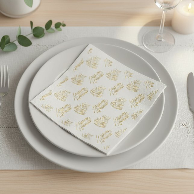 En Papier Feuille de palmier dorée, serviette de mariage bla (Gold Palm Leaf, minimalist white Wedding Napkin.)