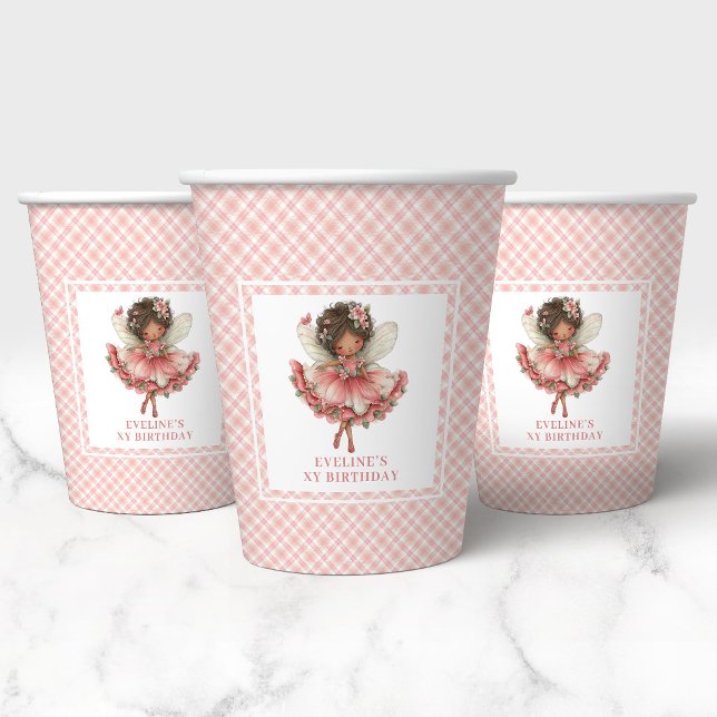 En Papier Gobelets Anniversaire 7 Ans Fée Fleurs Rougissant  (Whimsy Cute Blush Fairy Flowers 7th Birthday Cups)