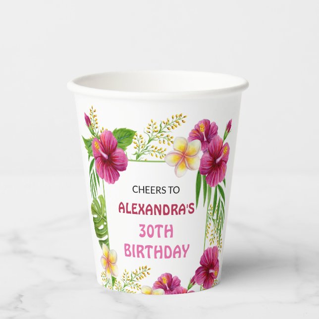 En Papier Gobelets Fête d'Anniversaire Fleurs Tropicales Ros (Recto)