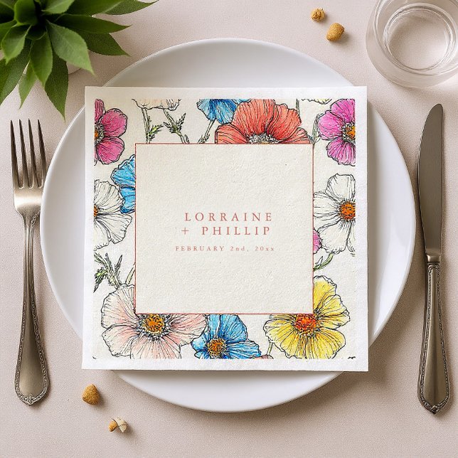 En Papier Grosse serviette mariage aux fleurs sauvages vives (Large bright wild flowers wedding napkin.)
