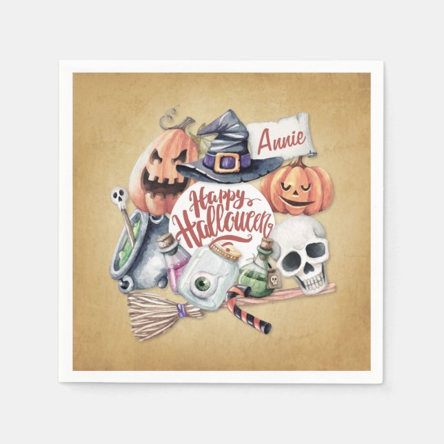 En Papier Halloween Vintage heureux personnalisé | Serviette (Devant)