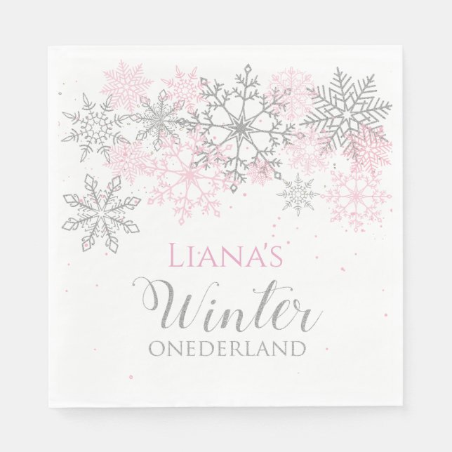 En Papier Hiver Onederland Serviette Argent et Rose (Devant)