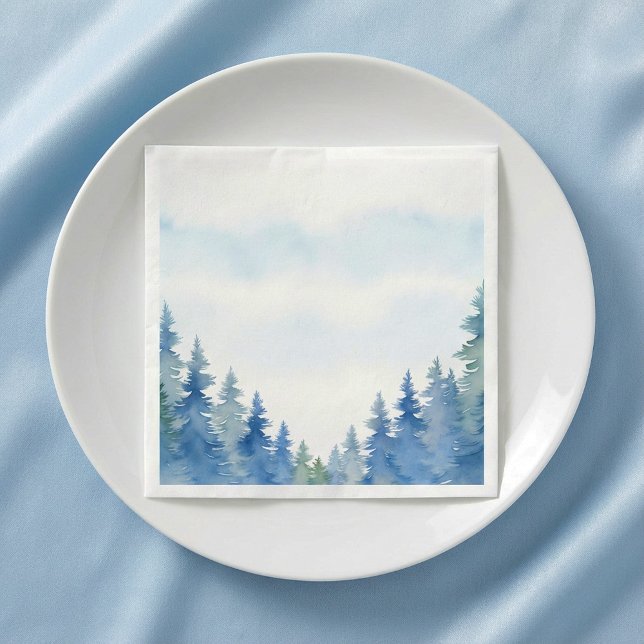 En Papier Joli hiver pins bleus mariage serviette (Pretty winter blue pine trees wedding napkin.)