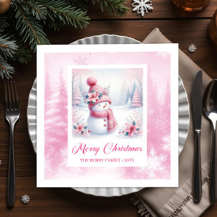 En Papier Joyeux Bonhomme de Neige Rose Noël Scène Serviette
