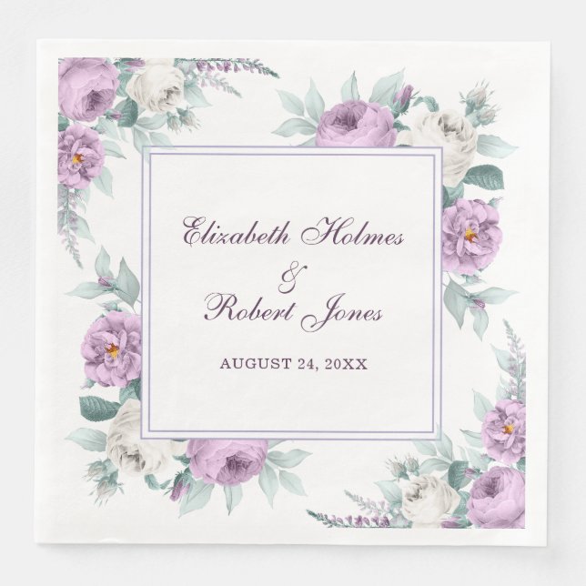 En Papier Lavande violet pivoines blanches Mariage serviette (Devant)