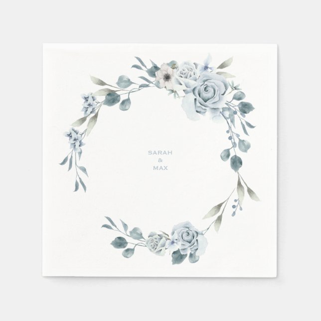 En Papier Mariage Floral Dusty Blue Couple Noms de serviette (Devant)