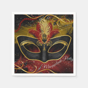 En Papier Masque à plumes rouge et or scintillant Serviette