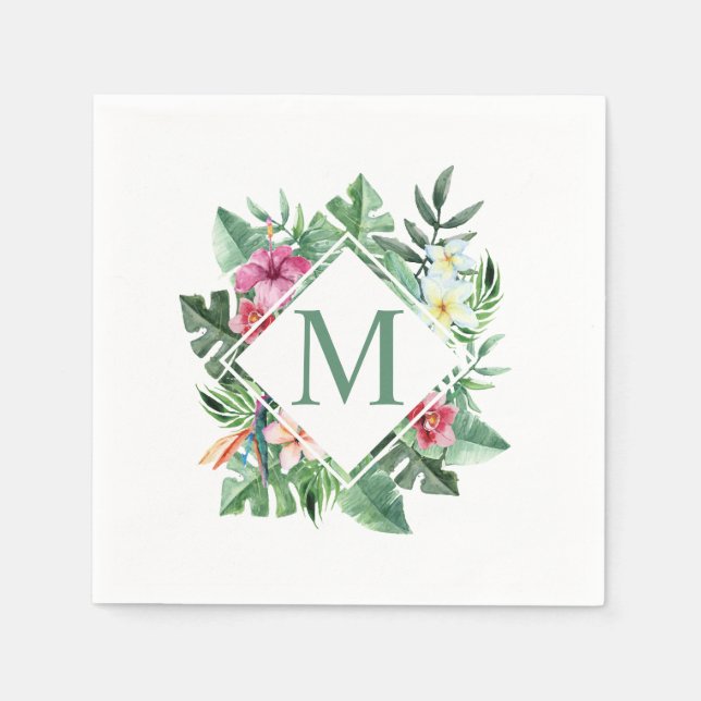 En Papier Monogramme de cadre floral tropical | Serviette de (Devant)