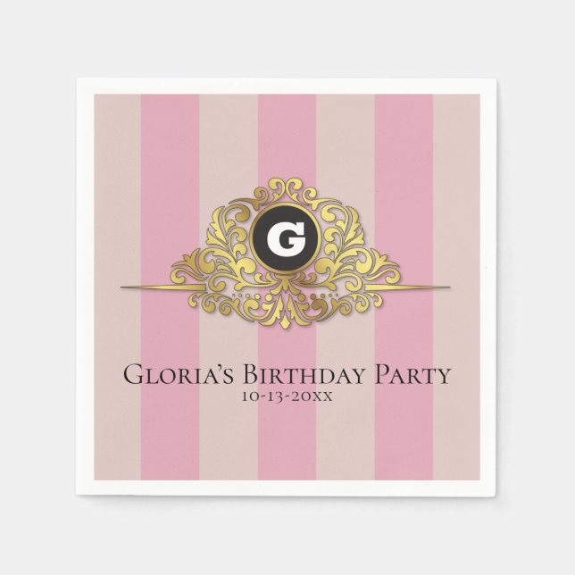 En Papier Monogramme d'or rose et beige Élégante serviette (Devant)