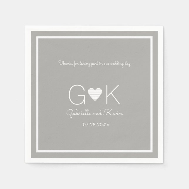 En Papier monogramme sur une serviette mariage grise avec me (Devant)