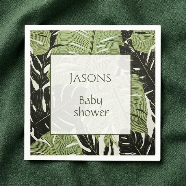 En Papier Nom de baby shower feuille tropical serviette (Tropical leaves baby shower name napkin.)