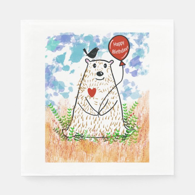 En Papier Ours d'anniversaire et serviette de l'oiseau noir (Devant)