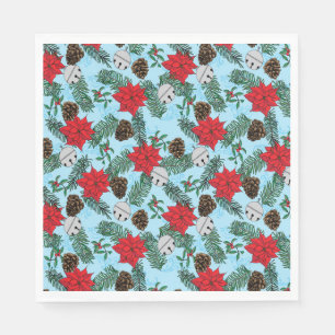 En Papier Poinsettias et cloches d'argent dans les serviette