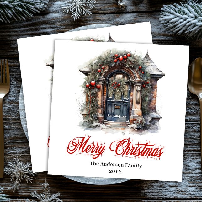 En Papier Scène de Noël intemporelle serviette rouge vert ar (Timeless Christmas scene napkin red green artwork

)