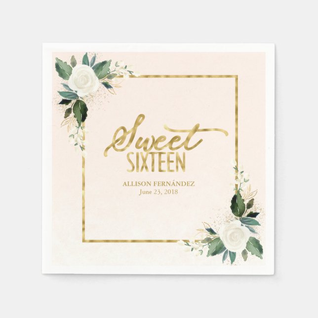 En Papier Serviette 16 Pink Gold Foil Sweet Floral (Devant)