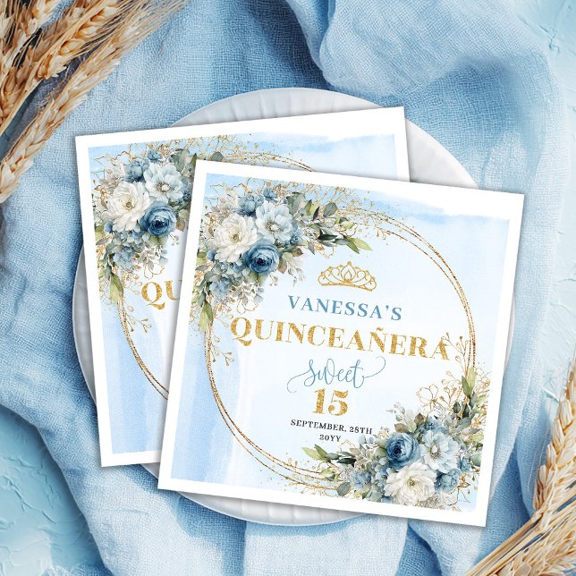 En Papier Serviette de 15e anniversaire Fleurs Bleu Pastel B (Boho Pastel Blue Flowers Gold 15th Birthday Napkins)