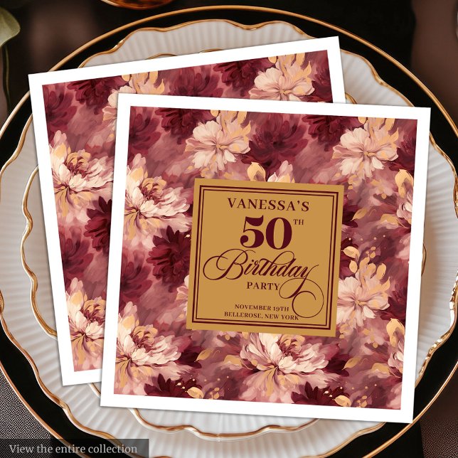 En Papier Serviette de 50e anniversaire Chic Boho Marsala Ro (Chic Boho Marsala Blush Gold 50th Birthday Napkin)