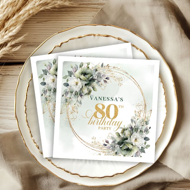 En Papier Serviette de 80e anniversaire Chic Dusty Green Gol (Chic Dusty Green Gold Foliage 80th Birthday Napkins)