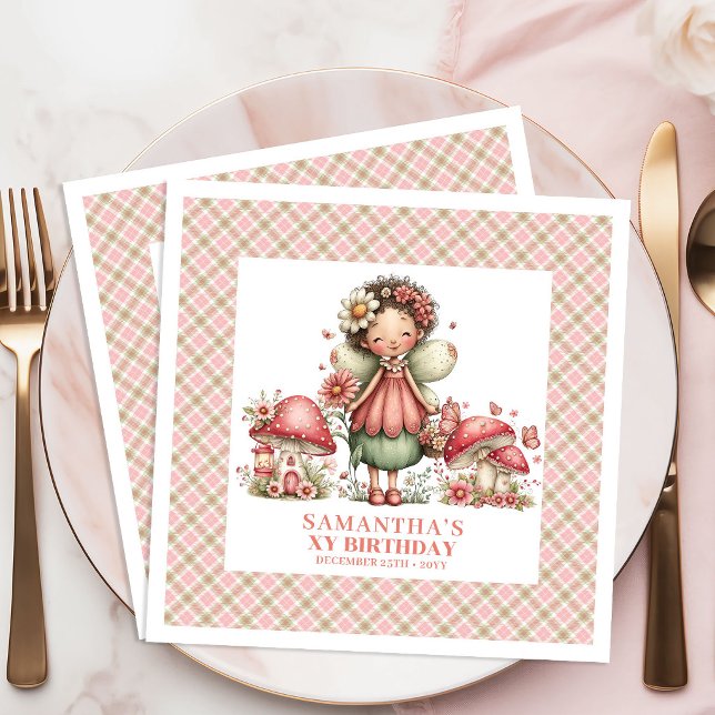 En Papier Serviette de Anniversaire Rose Fleurs de Fée Fanta (Whimsical Fairy Pink Flowers Blush Birthday Napkins)