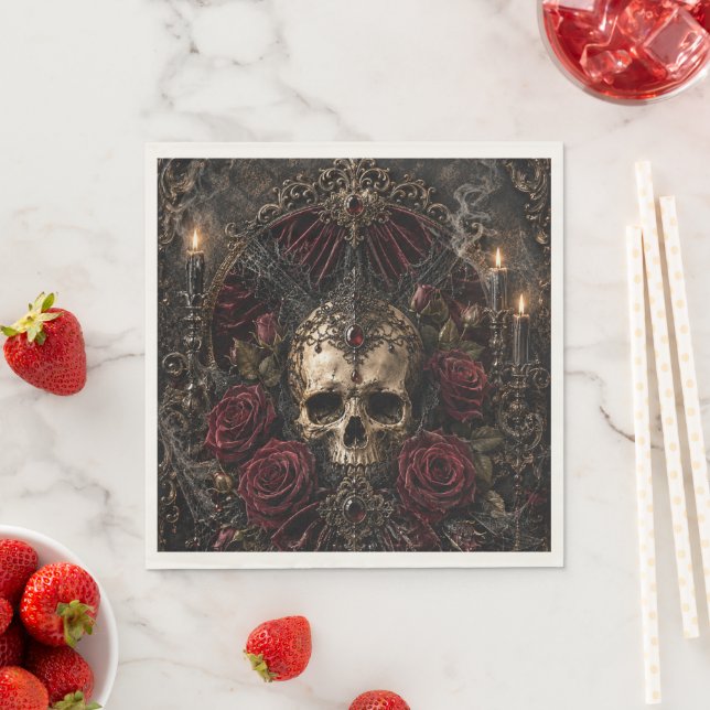 En Papier Serviette de cocktail Halloween Skull & Roses (En situation)