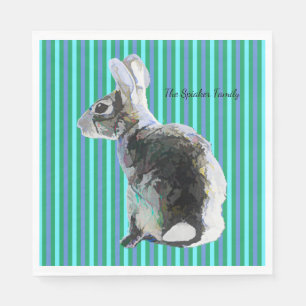 En Papier Serviette de fête avec lapin sur fond bleu rayé
