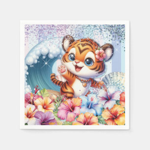 En Papier Serviette de fête avec un tigre de dessin animé