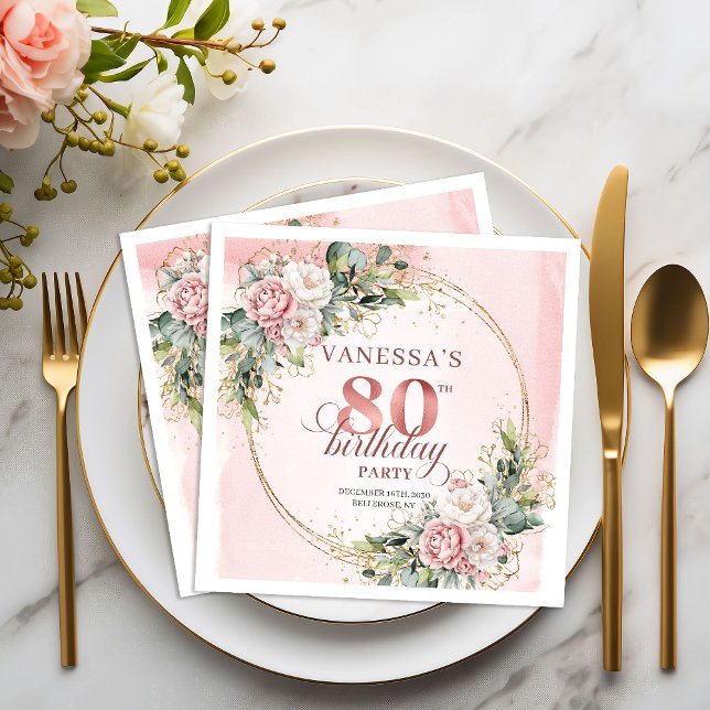 En Papier Serviette de fête d'anniversaire 80 ans Fleurs aqu (Boho Watercolor Flowers 80th Birthday Party Napkins)