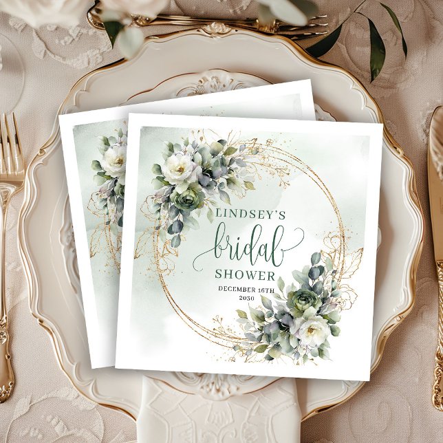 En Papier Serviette de fête de mariage botanique verte dorée (Greenery Botanical Gold Bridal Shower Party Napkins)