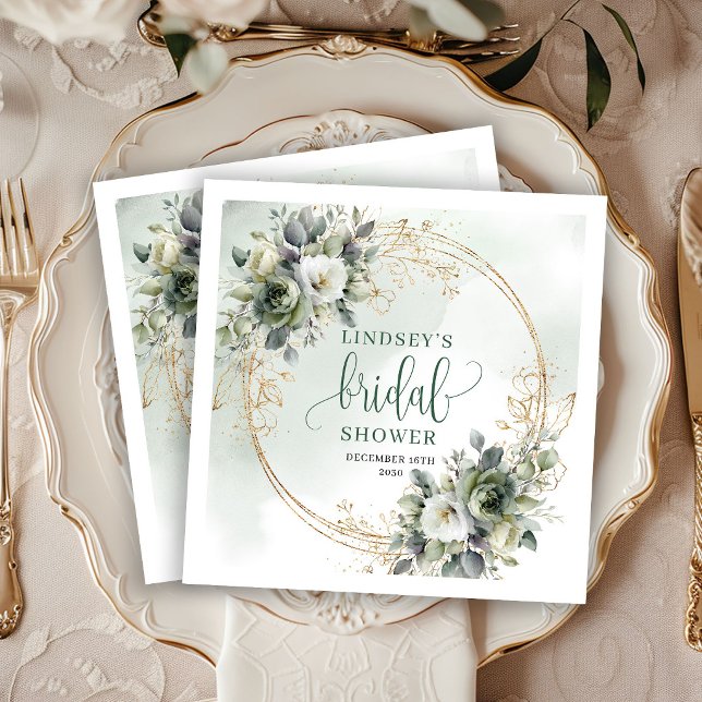 En Papier Serviette de fête de mariage dorée à la verdure à  (Watercolor Greenery Gold Bridal Shower Party Napkins)