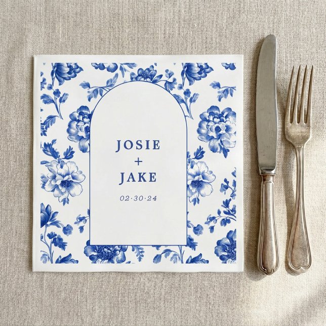 En Papier Serviette de mariage à arche bleue et blanche de D (Delftware blue and white arch wedding napkin.)
