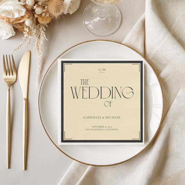 En Papier Serviette de mariage à monogramme Art Déco noir cr (Créateur téléchargé)