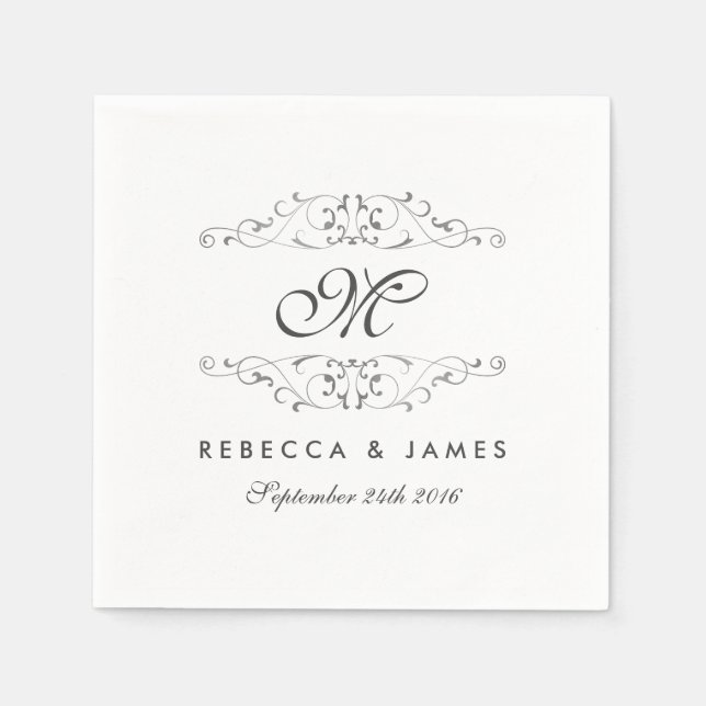 En Papier Serviette de mariage à monogramme avec fioriture e (Devant)