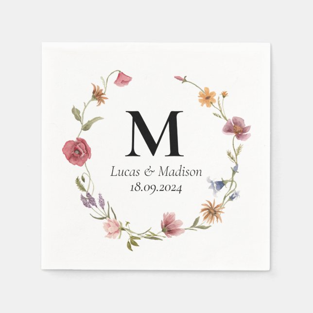 En Papier Serviette de mariage à monogramme de fleur sauvage (Devant)