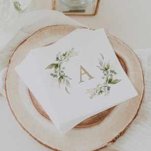 En Papier Serviette de mariage à monogramme or et eucalyptus