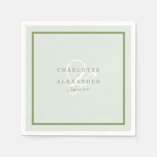 En Papier Serviette de mariage à monogramme vert mousse (Devant)