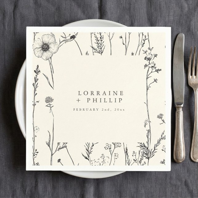 En Papier Serviette de mariage aux fleurs sauvages rustiques (Delicate autumn wild flowers wedding napkin.)