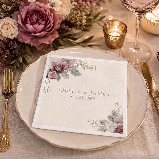 En Papier Serviette de mariage botanique prune et olive (Plum & Olive Botanical Wedding Napkin)