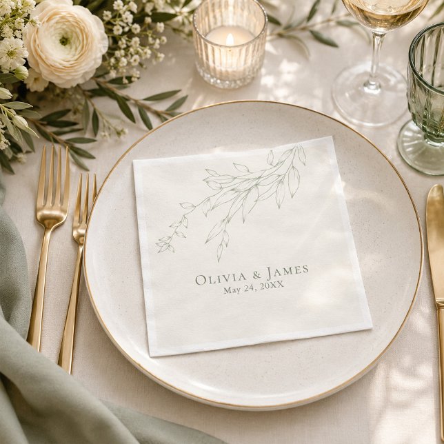 En Papier Serviette de mariage botanique vert sauge (Sage Green Botanical Wedding Napkin on an elegant  wedding dinner table)