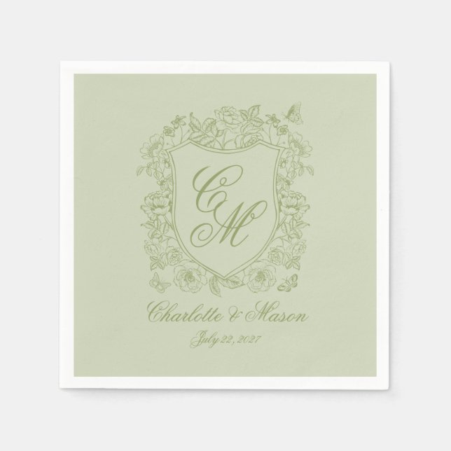 En Papier Serviette de mariage de jardin vert sauge monogram (Devant)