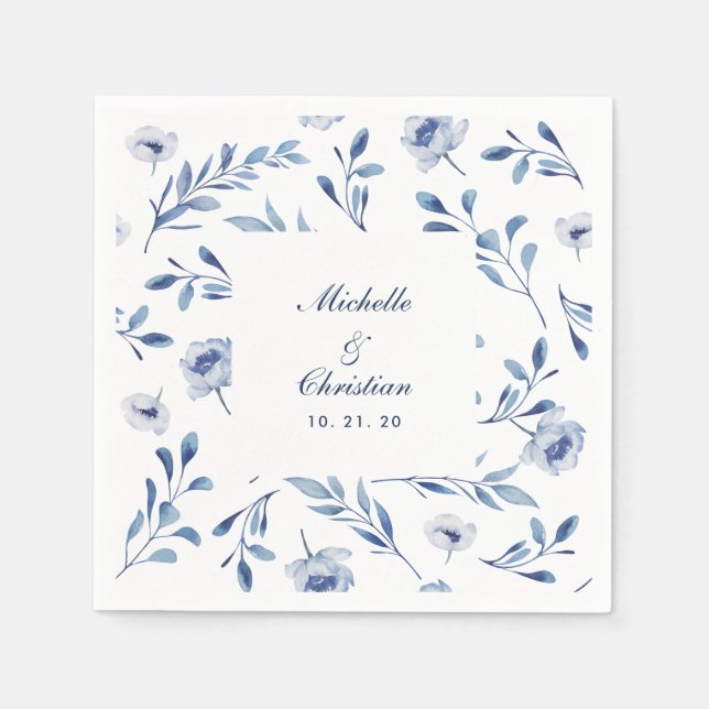 En Papier Serviette de mariage florale aquarelle bleue (Devant)