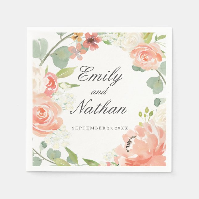 En Papier Serviette de mariage florale aquarelle pêche (Devant)