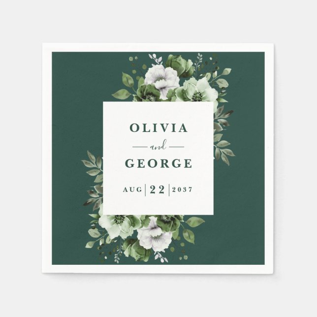 En Papier Serviette de mariage florale élégante vert émeraud (Devant)