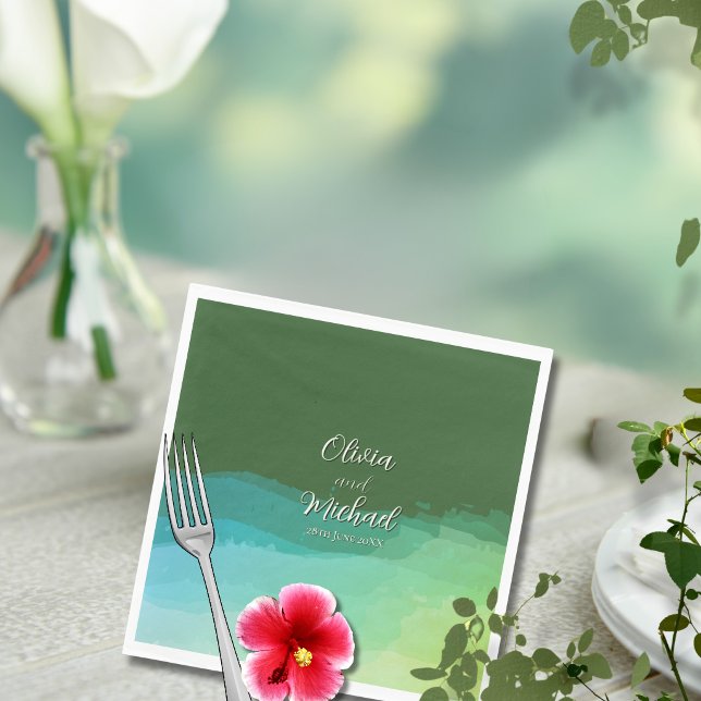 En Papier Serviette de mariage tropical bleu vert lavé à l'a (Tropical Wedding Napkin Blue Green Watercolor Wash)